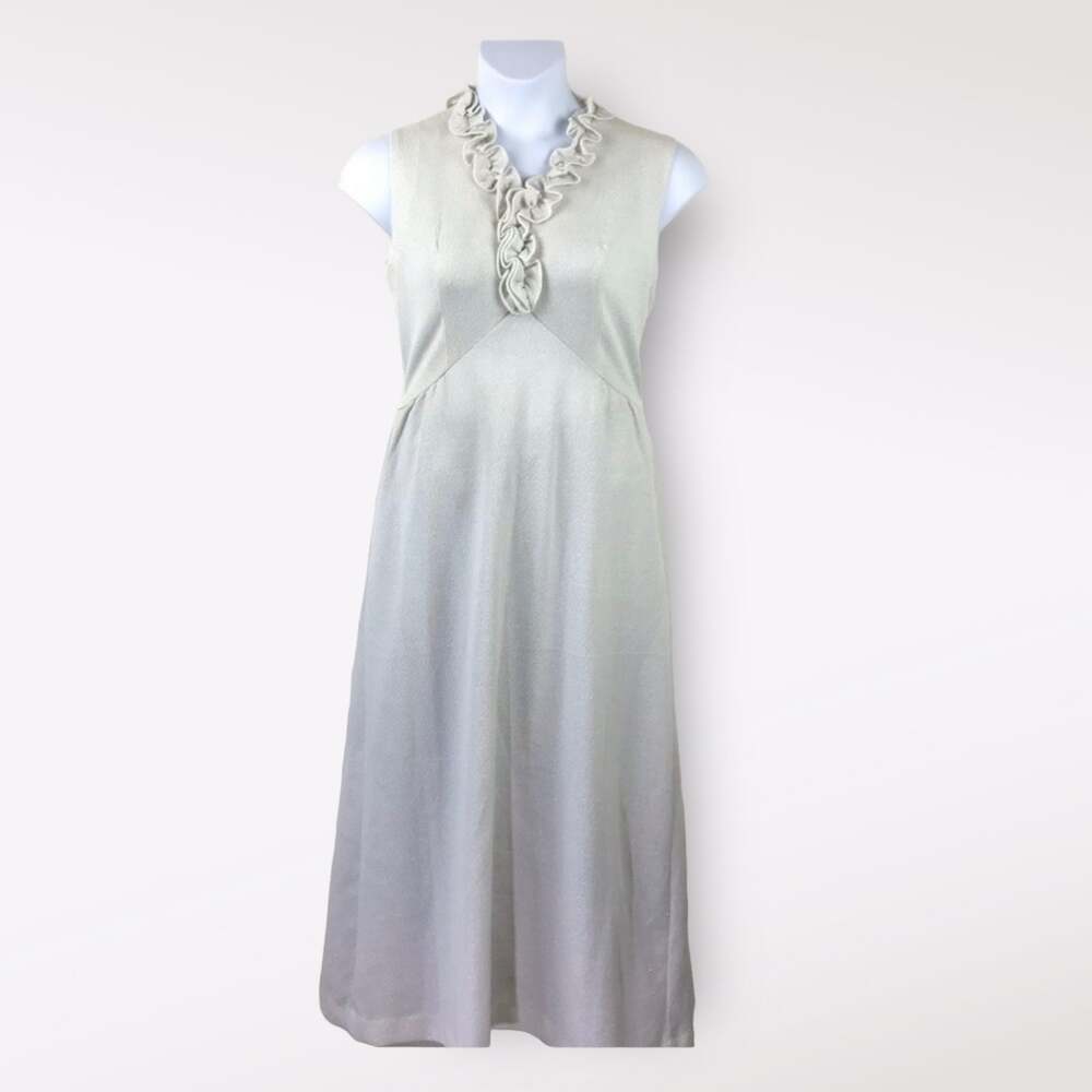 Vintage 60’s 70’s Silver Ruffle Neck Evening Dress 8